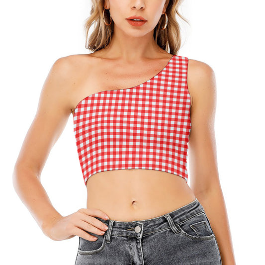 Red And White Check Pattern Print One Shoulder Crop Top