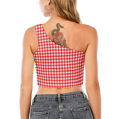 Red And White Check Pattern Print One Shoulder Crop Top