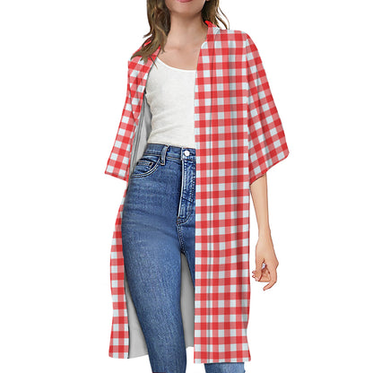 Red And White Check Pattern Print Open Front Beach Cover Up
