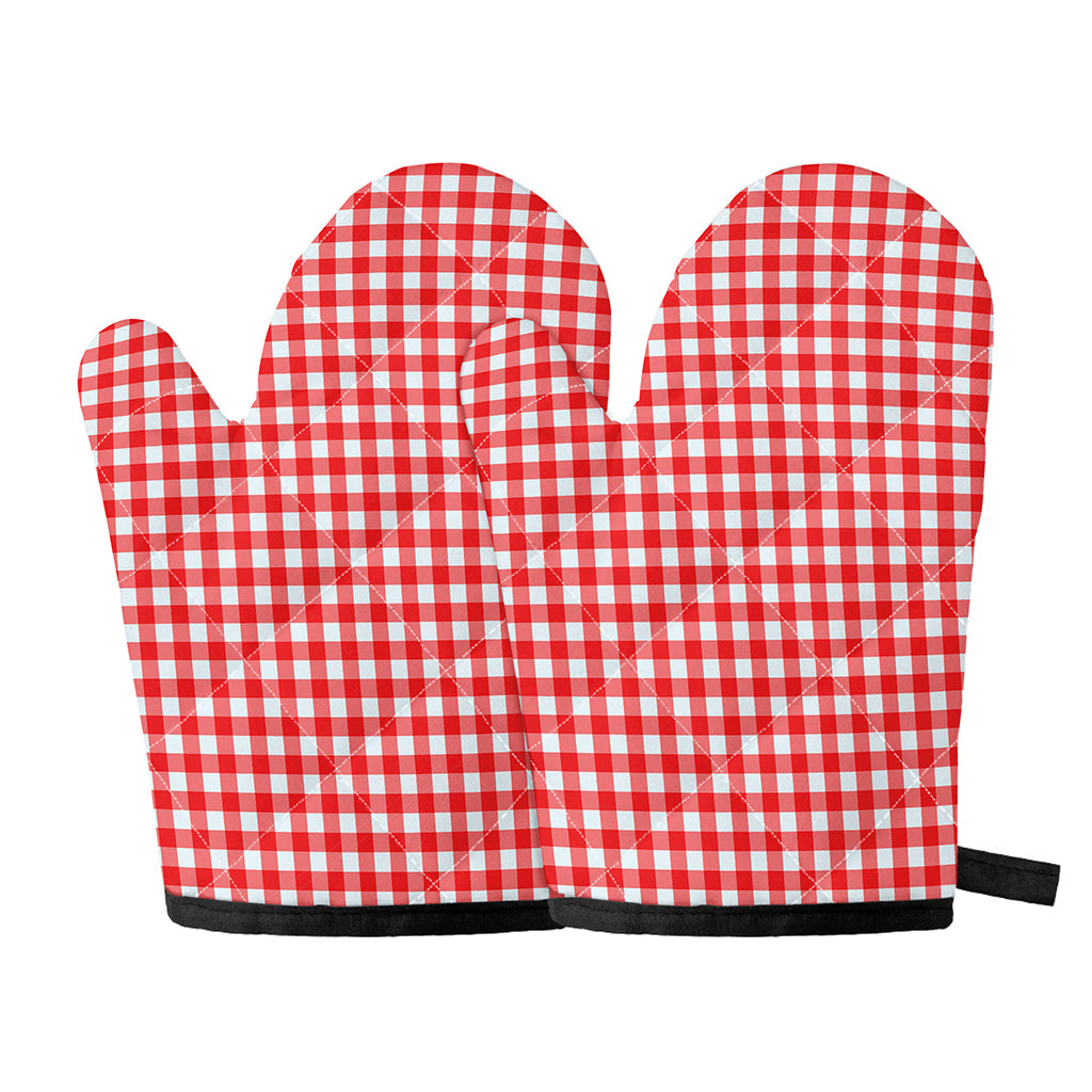 Red And White Check Pattern Print Oven Mitts