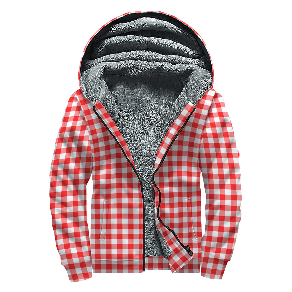 Red And White Check Pattern Print Sherpa Lined Zip Up Hoodie