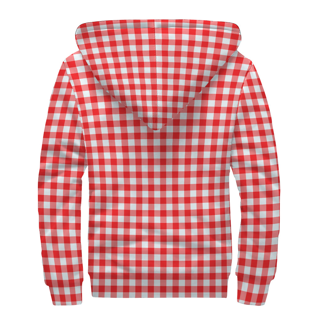 Red And White Check Pattern Print Sherpa Lined Zip Up Hoodie