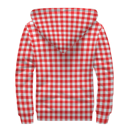 Red And White Check Pattern Print Sherpa Lined Zip Up Hoodie