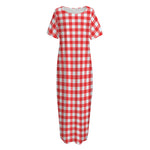 Red And White Check Pattern Print Short Sleeve Long Nightdress