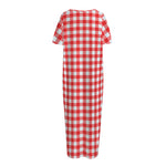 Red And White Check Pattern Print Short Sleeve Long Nightdress