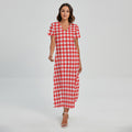 Red And White Check Pattern Print Short Sleeve Maxi Dress