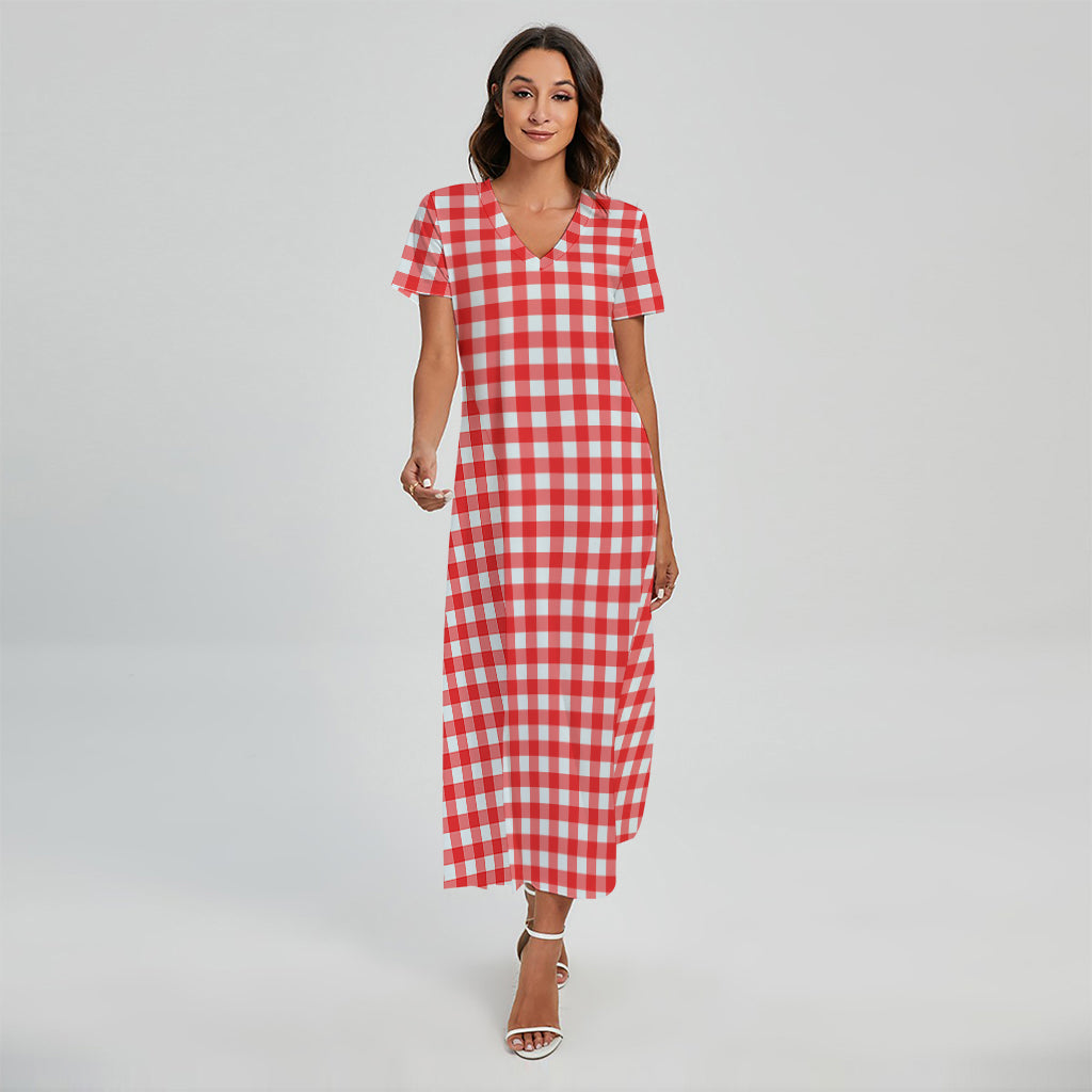 Red And White Check Pattern Print Short Sleeve Maxi Dress