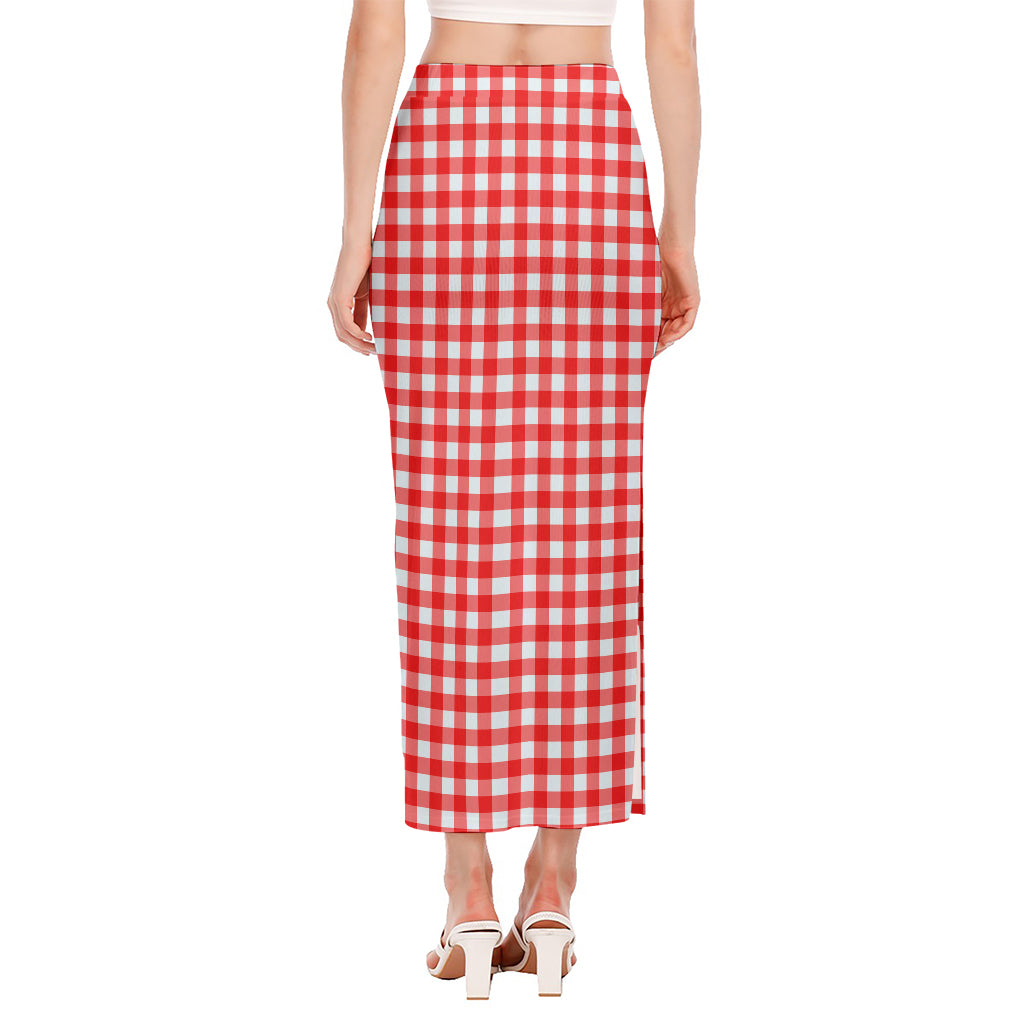 Red And White Check Pattern Print Side Slit Maxi Skirt