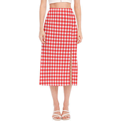 Red And White Check Pattern Print Side Slit Midi Skirt