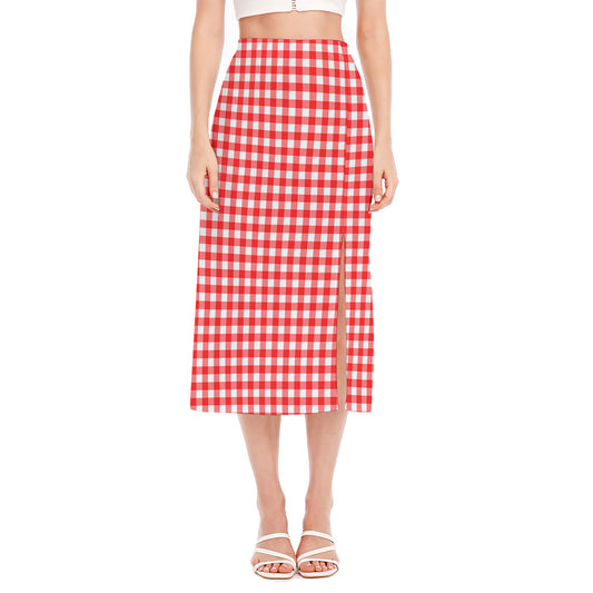 Red And White Check Pattern Print Side Slit Midi Skirt