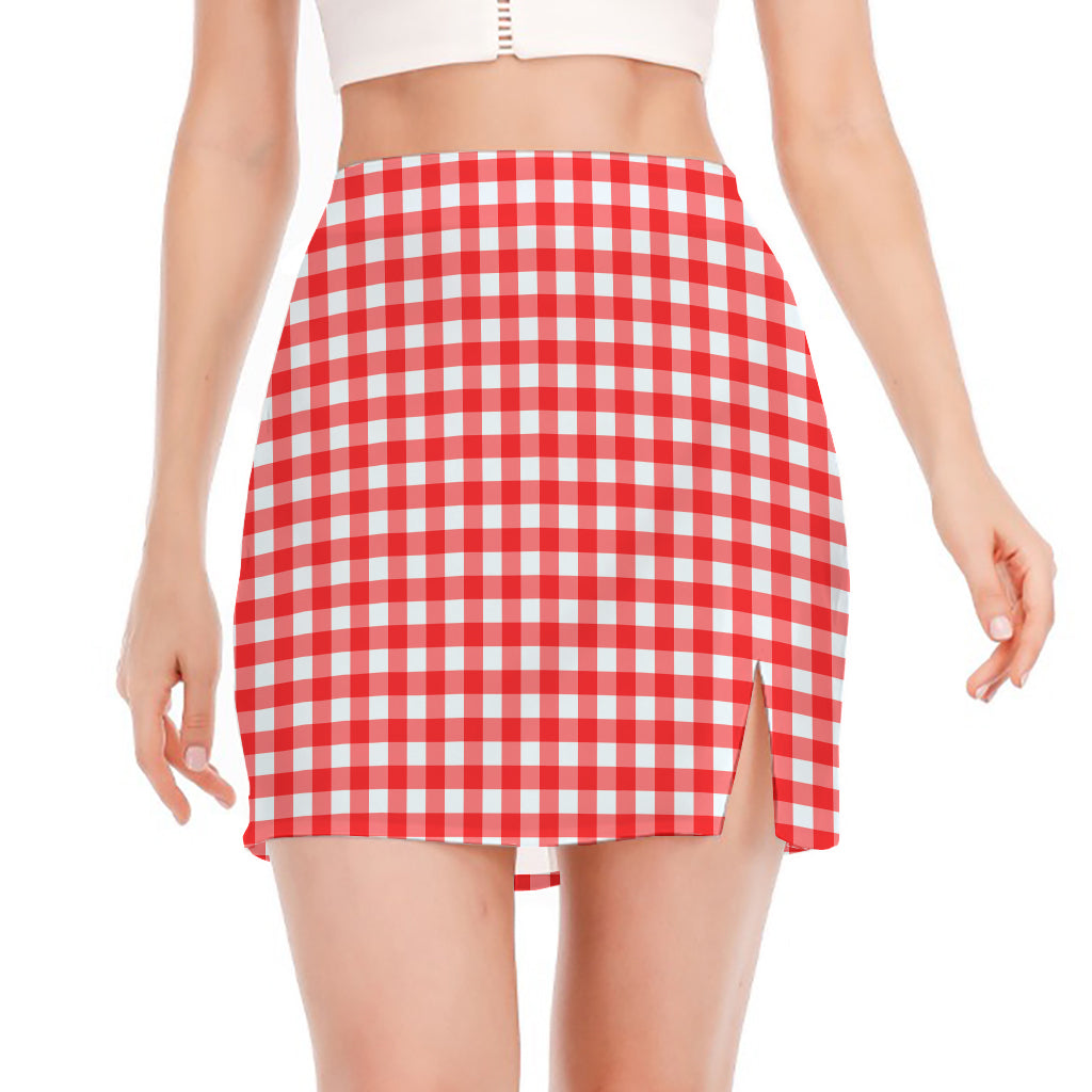 Red And White Check Pattern Print Side Slit Mini Skirt