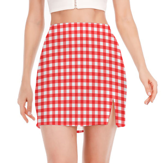 Red And White Check Pattern Print Side Slit Mini Skirt