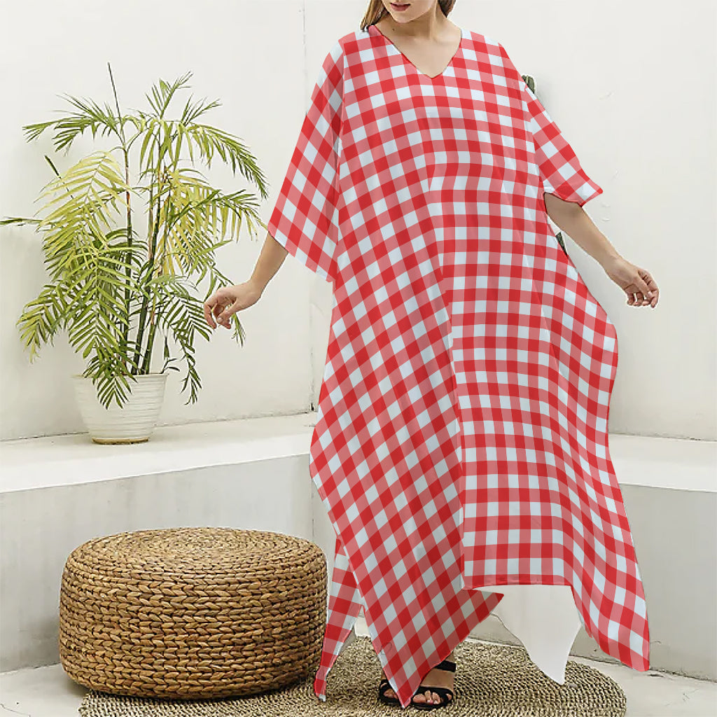 Red And White Check Pattern Print Silk V-Neck Kaftan Dress