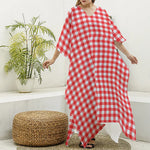 Red And White Check Pattern Print Silk V-Neck Kaftan Dress