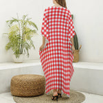 Red And White Check Pattern Print Silk V-Neck Kaftan Dress