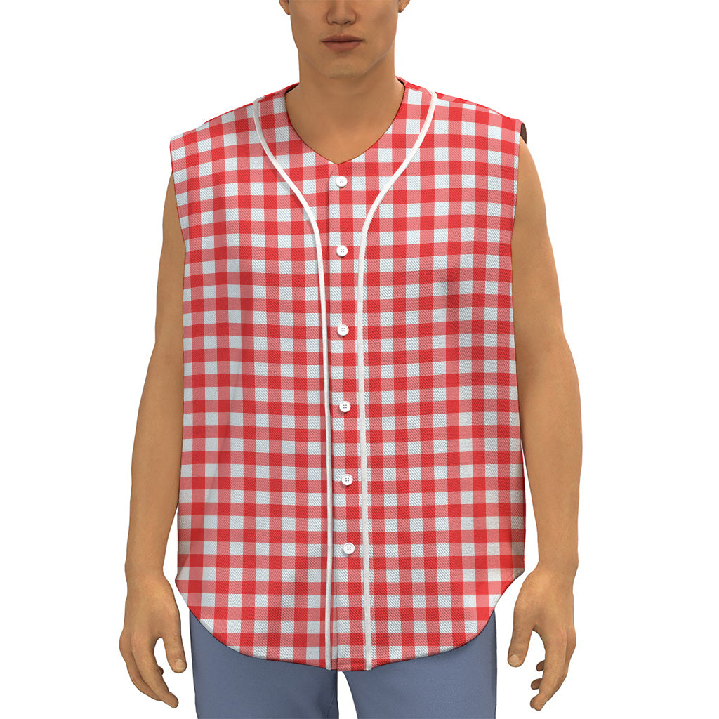 Red And White Check Pattern Print Sleeveless Baseball Jersey