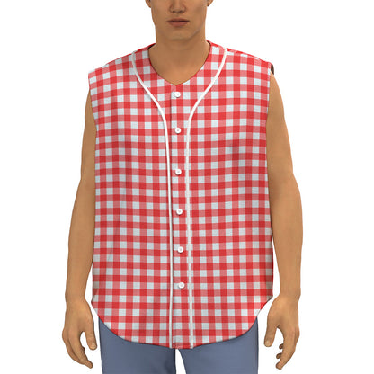 Red And White Check Pattern Print Sleeveless Baseball Jersey