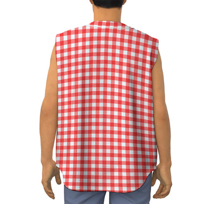 Red And White Check Pattern Print Sleeveless Baseball Jersey
