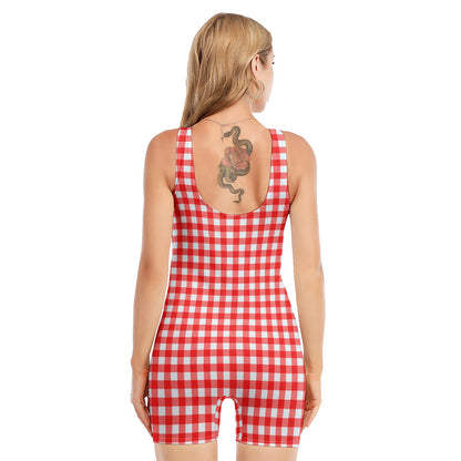 Red And White Check Pattern Print Sleeveless One Piece Swimsuit