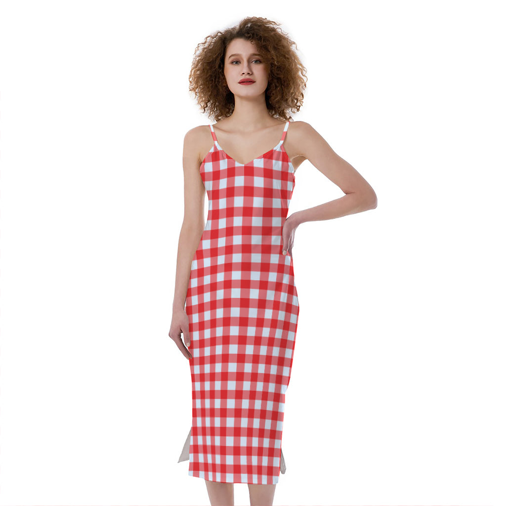Red And White Check Pattern Print Slim Fit Midi Cami Dress