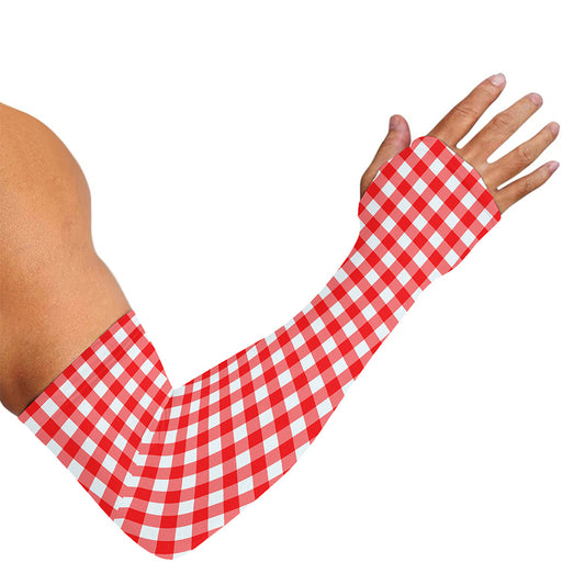 Red And White Check Pattern Print Sun Protection Arm Sleeves