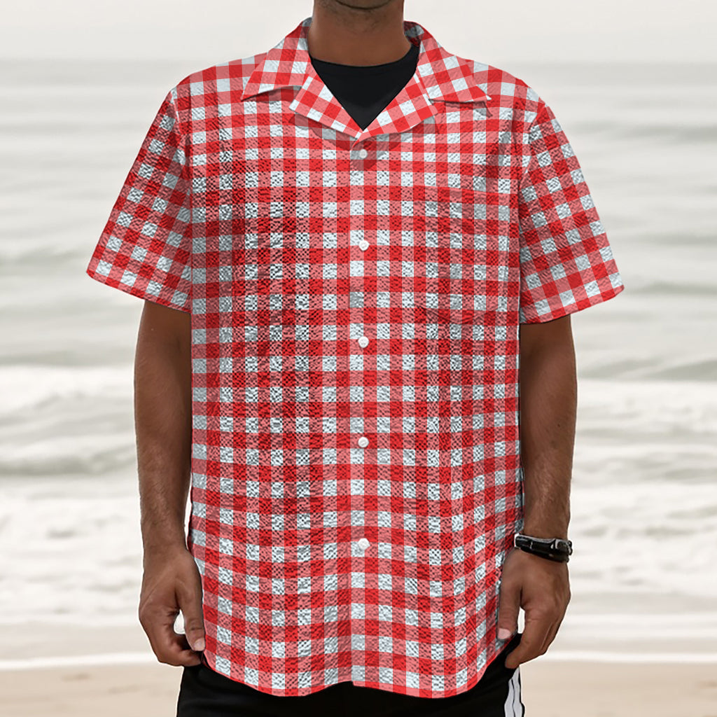 Red And White Check Pattern Print Textured Short Sleeve Shirt