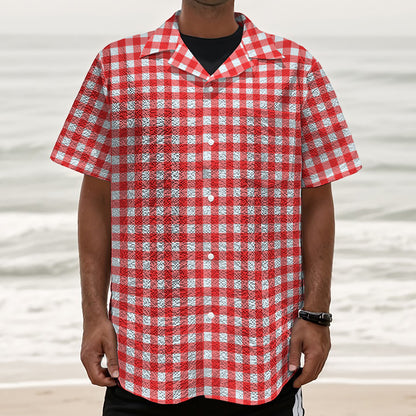 Red And White Check Pattern Print Textured Short Sleeve Shirt