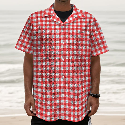 Red And White Check Pattern Print Textured Short Sleeve Shirt