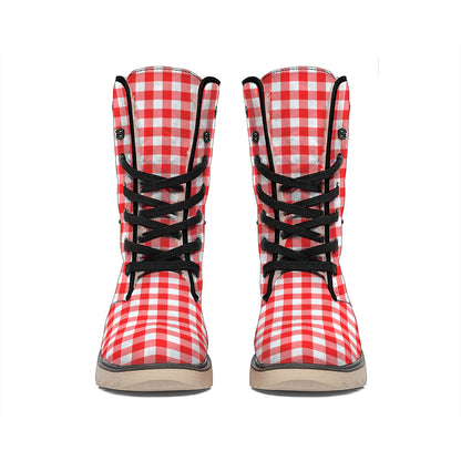 Red And White Check Pattern Print Winter Boots