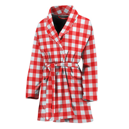 Red And White Check Pattern Print Women's Bathrobe