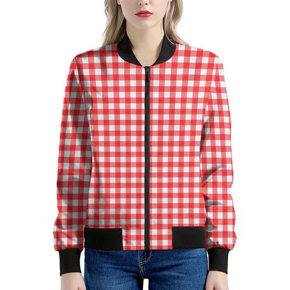 Red And White Check Pattern Print Women's Bomber Jacket