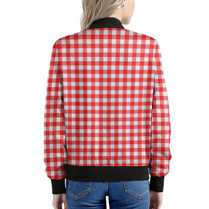 Red And White Check Pattern Print Women's Bomber Jacket