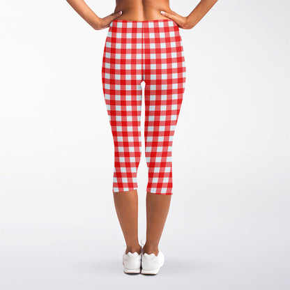 Red And White Check Pattern Print Women's Capri Leggings