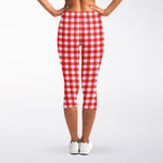 Red And White Check Pattern Print Women's Capri Leggings