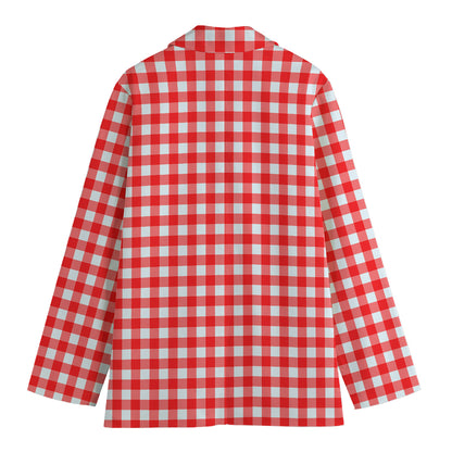 Red And White Check Pattern Print Women's Cotton Blazer
