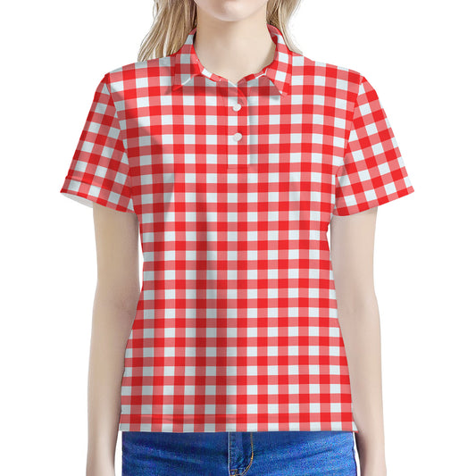 Red And White Check Pattern Print Women's Polo Shirt