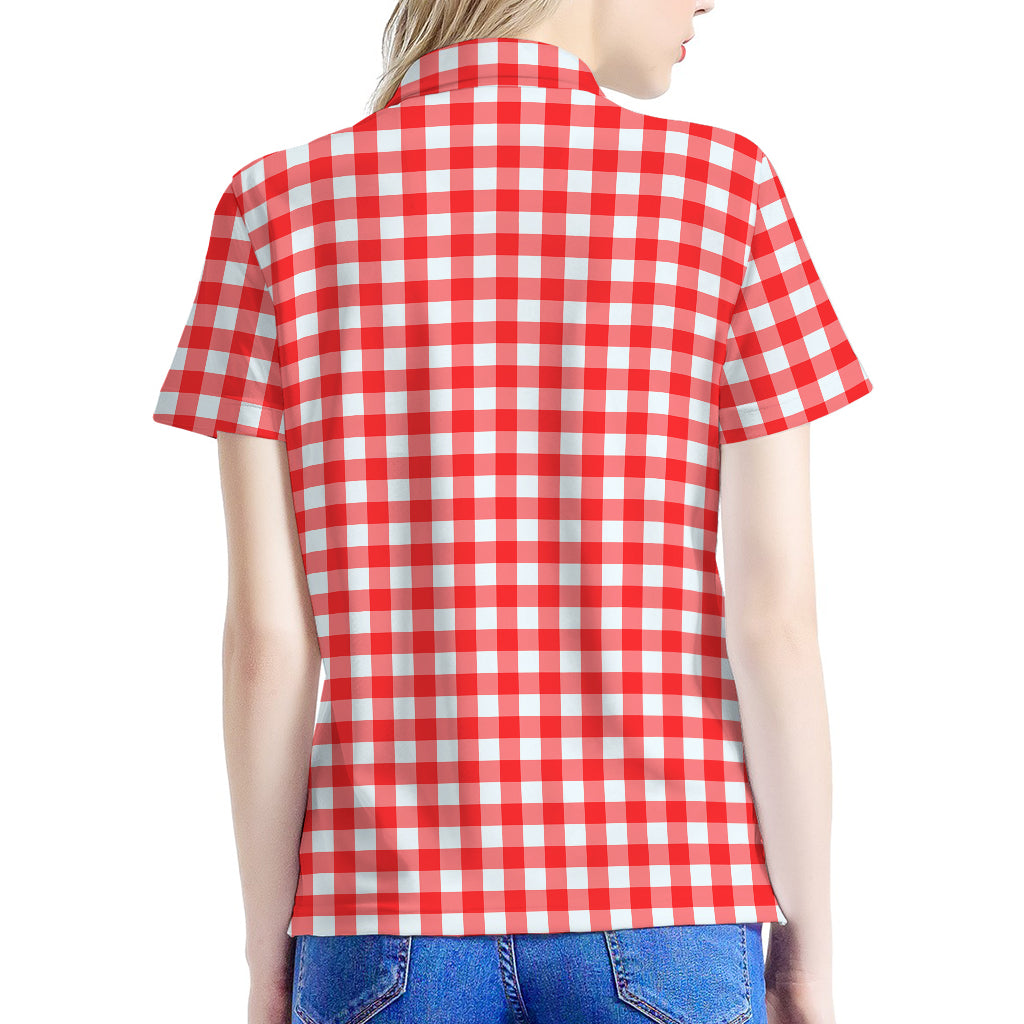 Red And White Check Pattern Print Women's Polo Shirt
