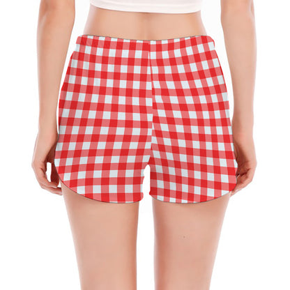 Red And White Check Pattern Print Women's Split Running Shorts