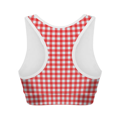 Red And White Check Pattern Print Women's Sports Bra