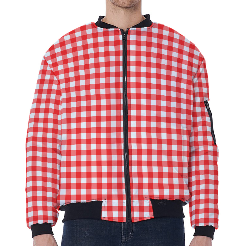 Red And White Check Pattern Print Zip Sleeve Bomber Jacket