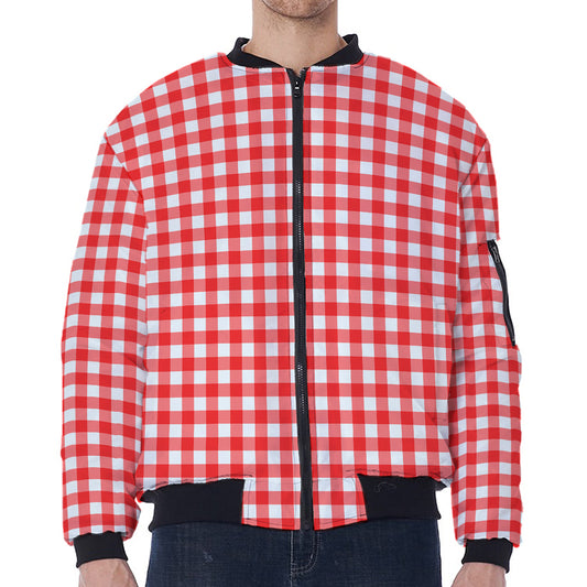 Red And White Check Pattern Print Zip Sleeve Bomber Jacket