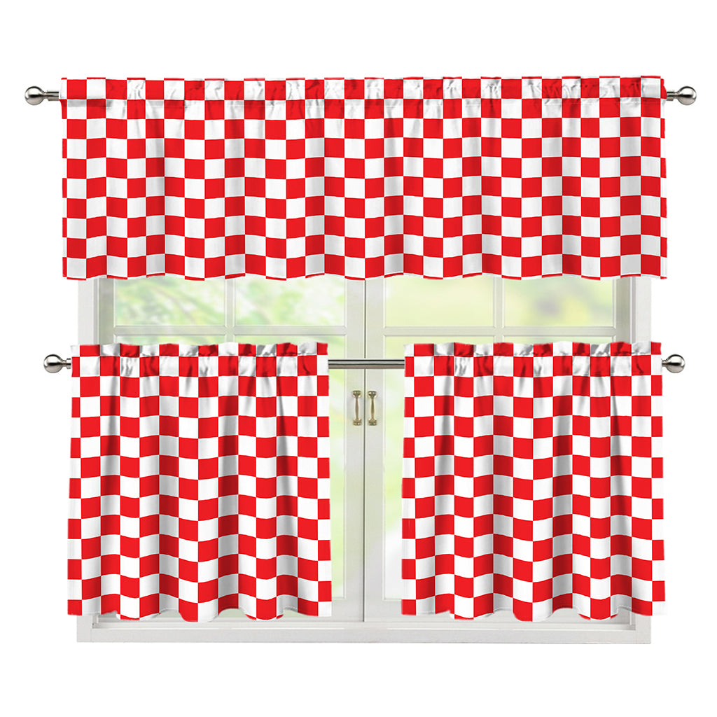 Red And White Checkered Pattern Print 3 Piece Kitchen Curtains