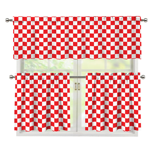 Red And White Checkered Pattern Print 3 Piece Kitchen Curtains