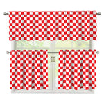 Red And White Checkered Pattern Print 3 Piece Kitchen Curtains