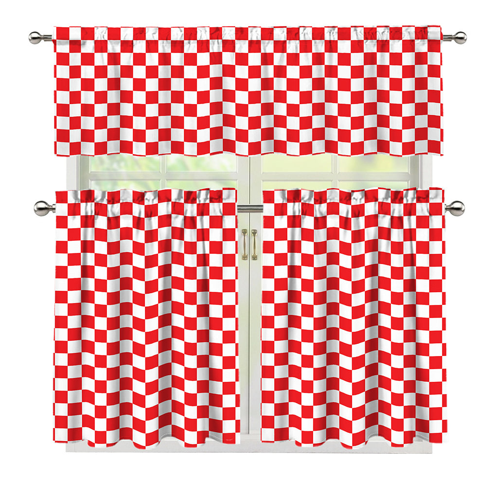 Red And White Checkered Pattern Print 3 Piece Kitchen Curtains