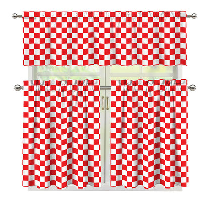 Red And White Checkered Pattern Print 3 Piece Kitchen Curtains