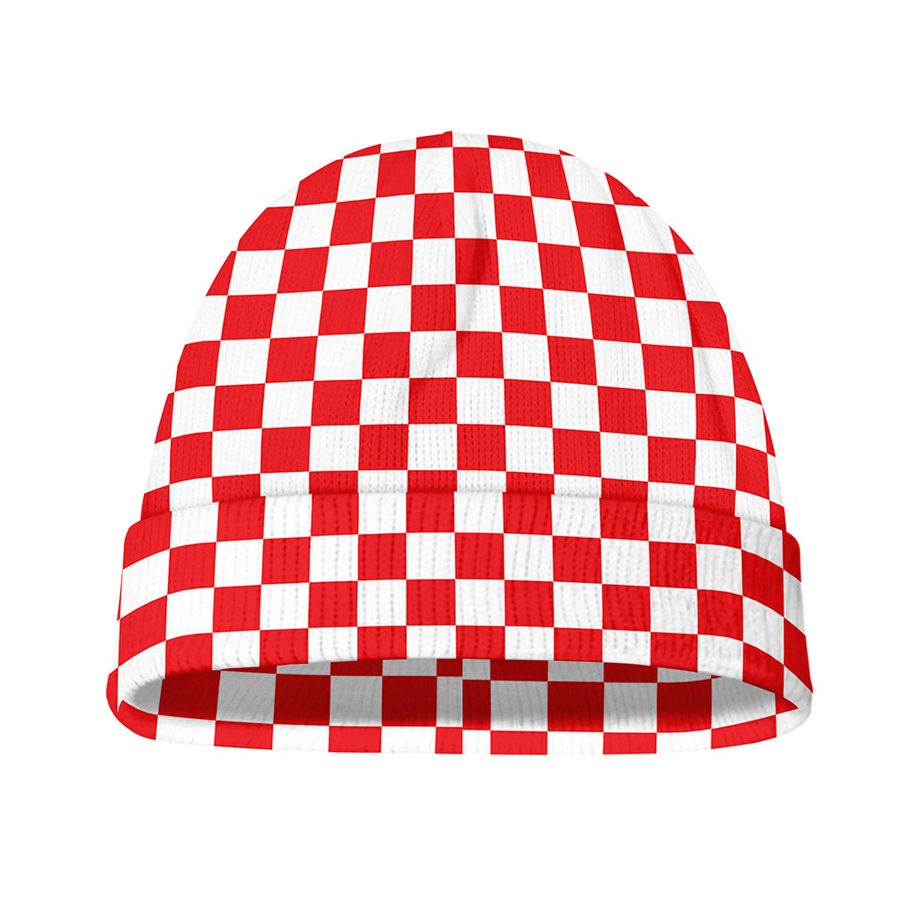 Red And White Checkered Pattern Print Beanie