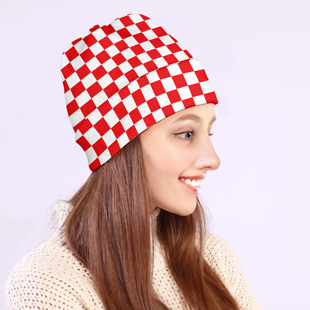 Red And White Checkered Pattern Print Beanie