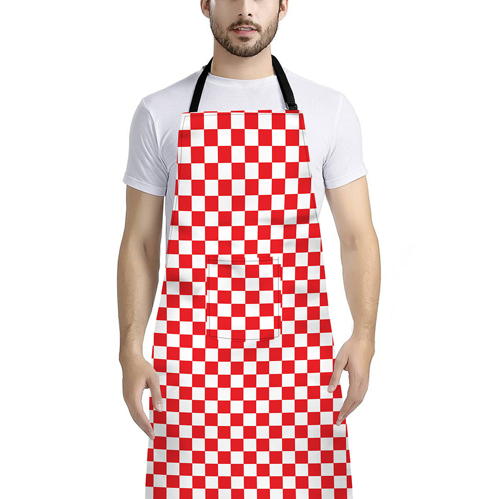 Red And White Checkered Pattern Print Bib Apron With Pocket