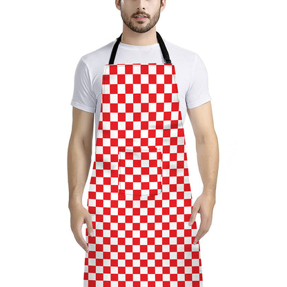 Red And White Checkered Pattern Print Bib Apron With Pocket